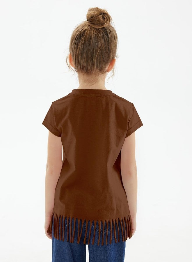 Noomelfish Girls Short Sleeve Fringe T-Shirts Soft Jersey Cotton Tee Tops, Rust Brown, Size 11-12 Years - Image 3